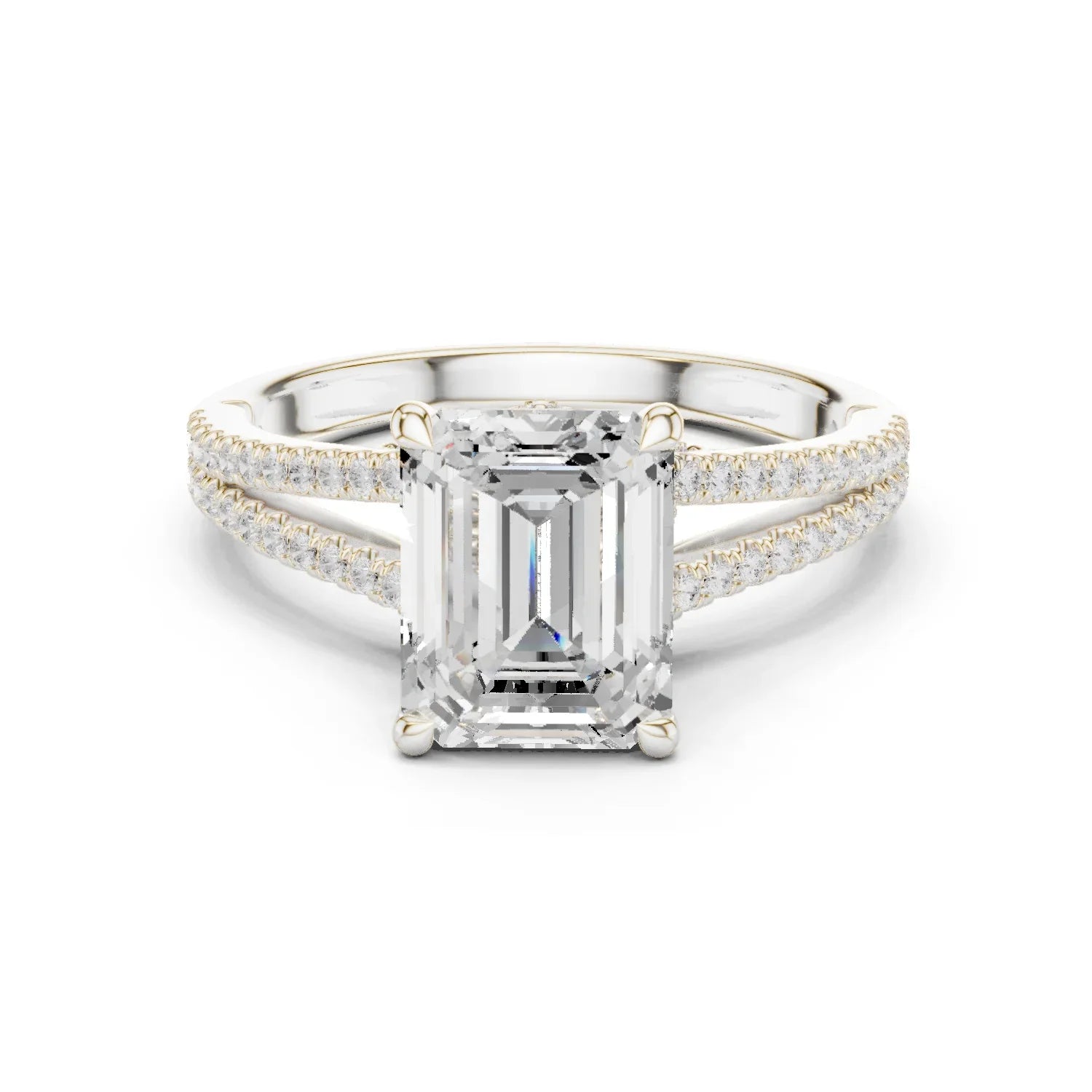 Emerald Cut Diamond Split Shank Engagement Ring with Pave Accents