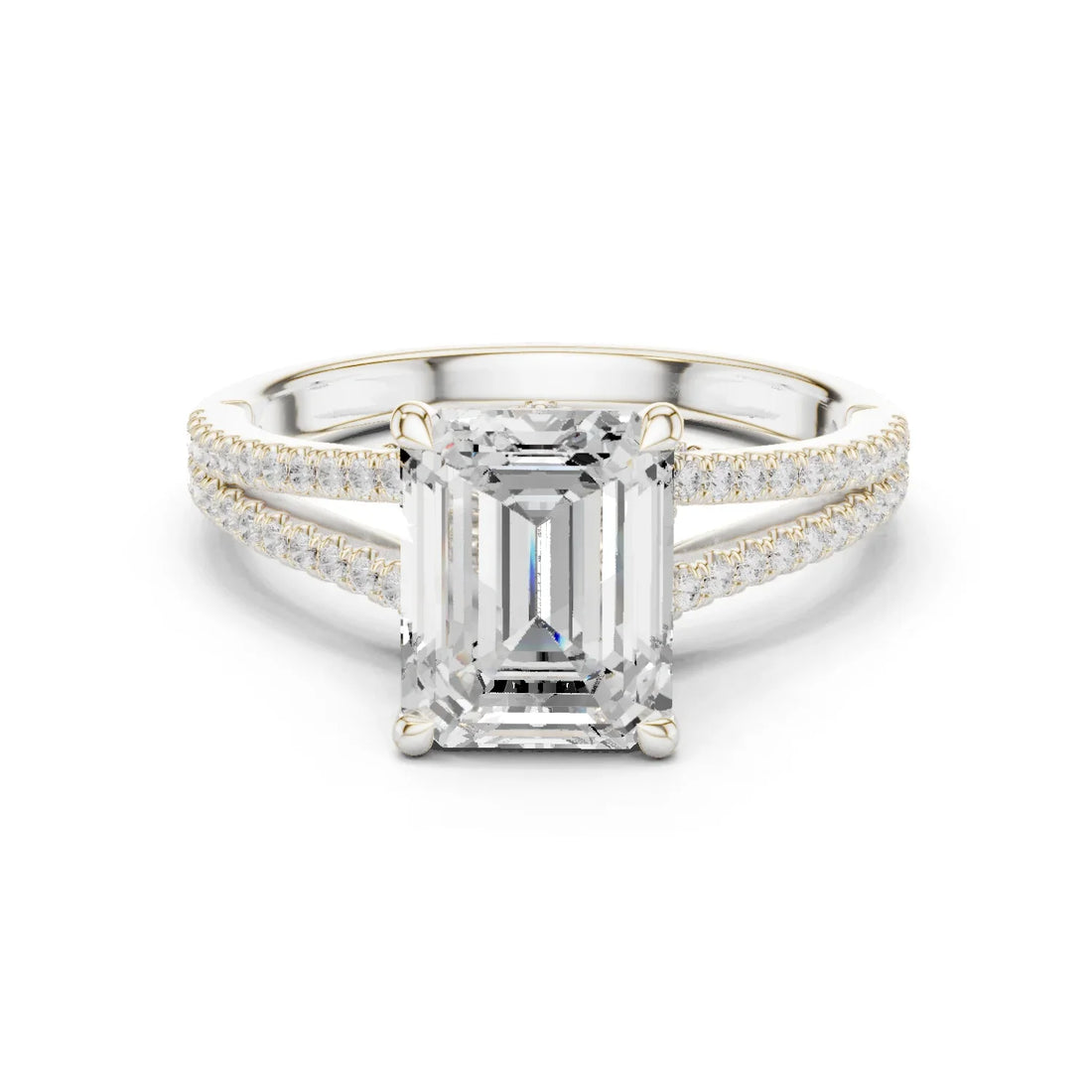 Emerald Cut Diamond Split Shank Engagement Ring with Pave Accents