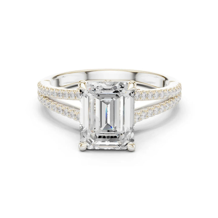 Emerald Cut Diamond Split Shank Engagement Ring with Pave Accents