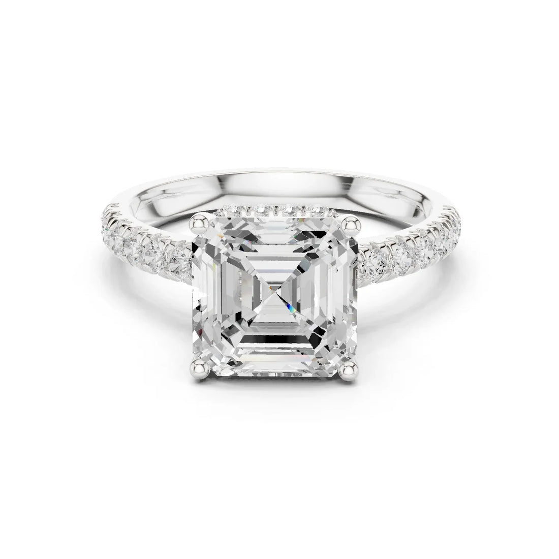 Asscher Cut Diamond Hidden Halo Engagement Ring with Pave Band