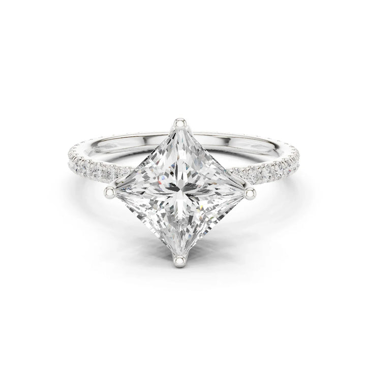 Princess Shape Diamond Pave Band Engagement Ring
