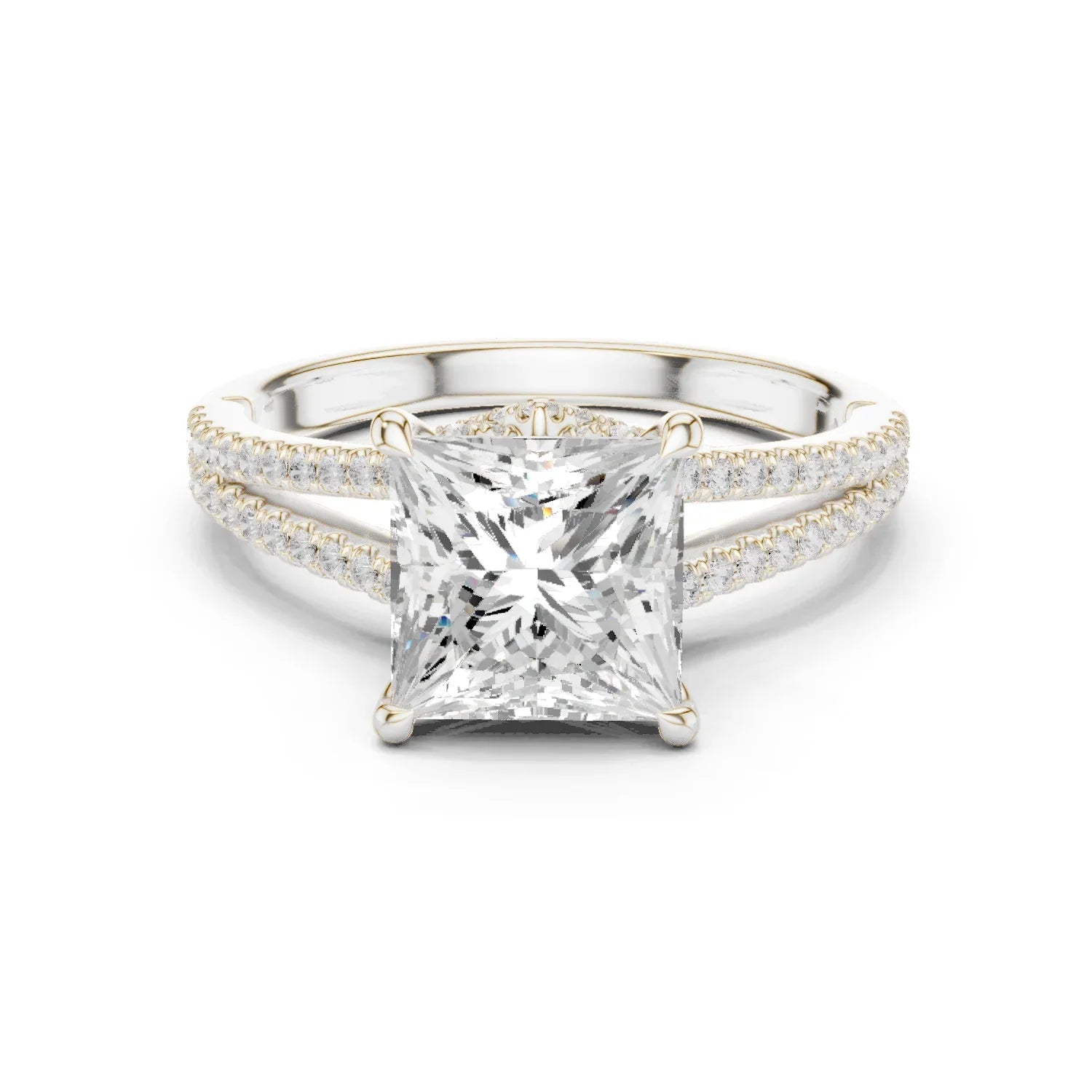 Princess Cut Diamond Split Shank Engagement Ring with Pave Accents