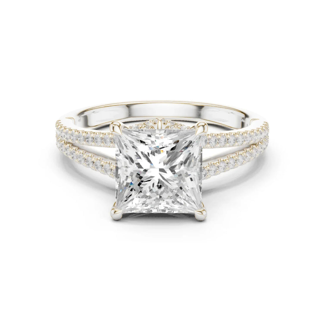 Princess Cut Diamond Split Shank Engagement Ring with Pave Accents