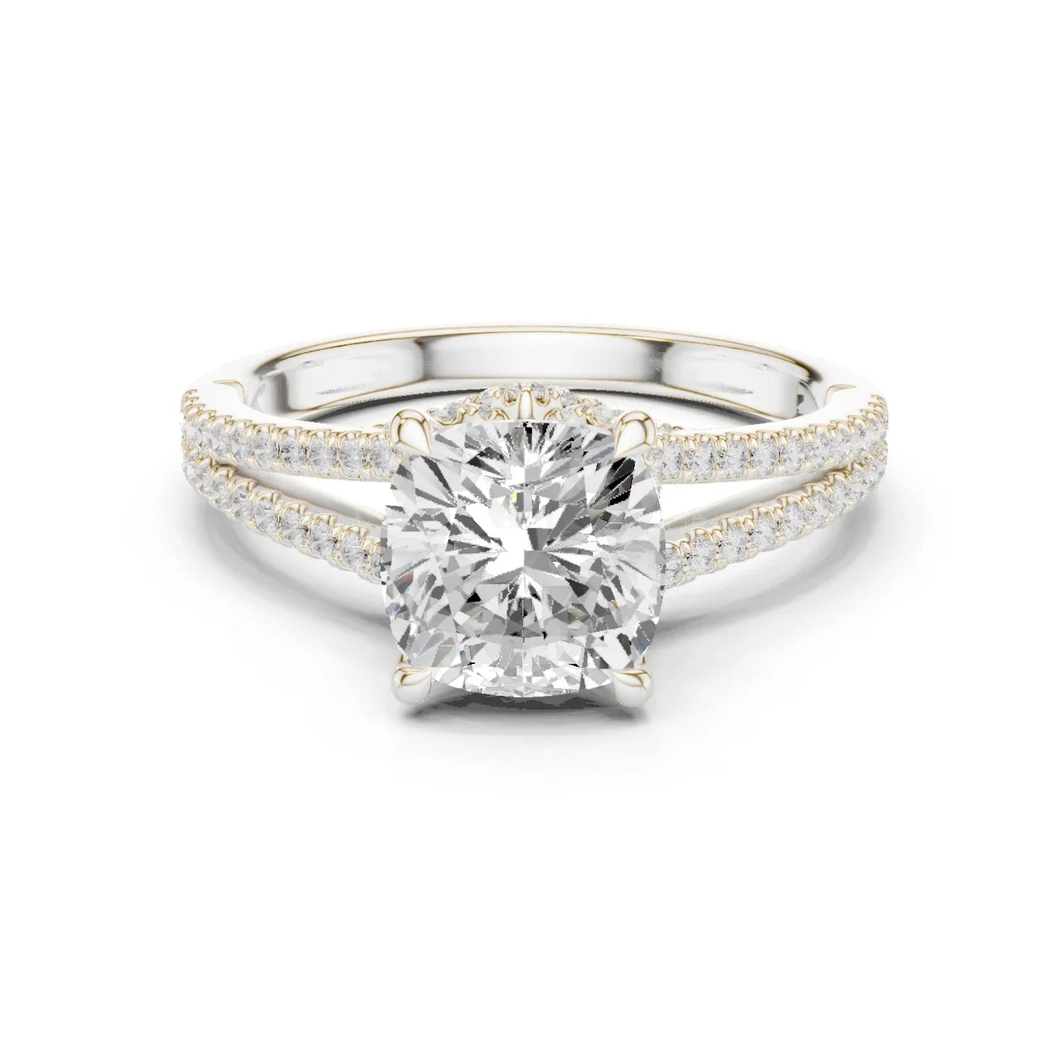 Cushion Cut Diamond Split Shank Engagement Ring with Pave Accents