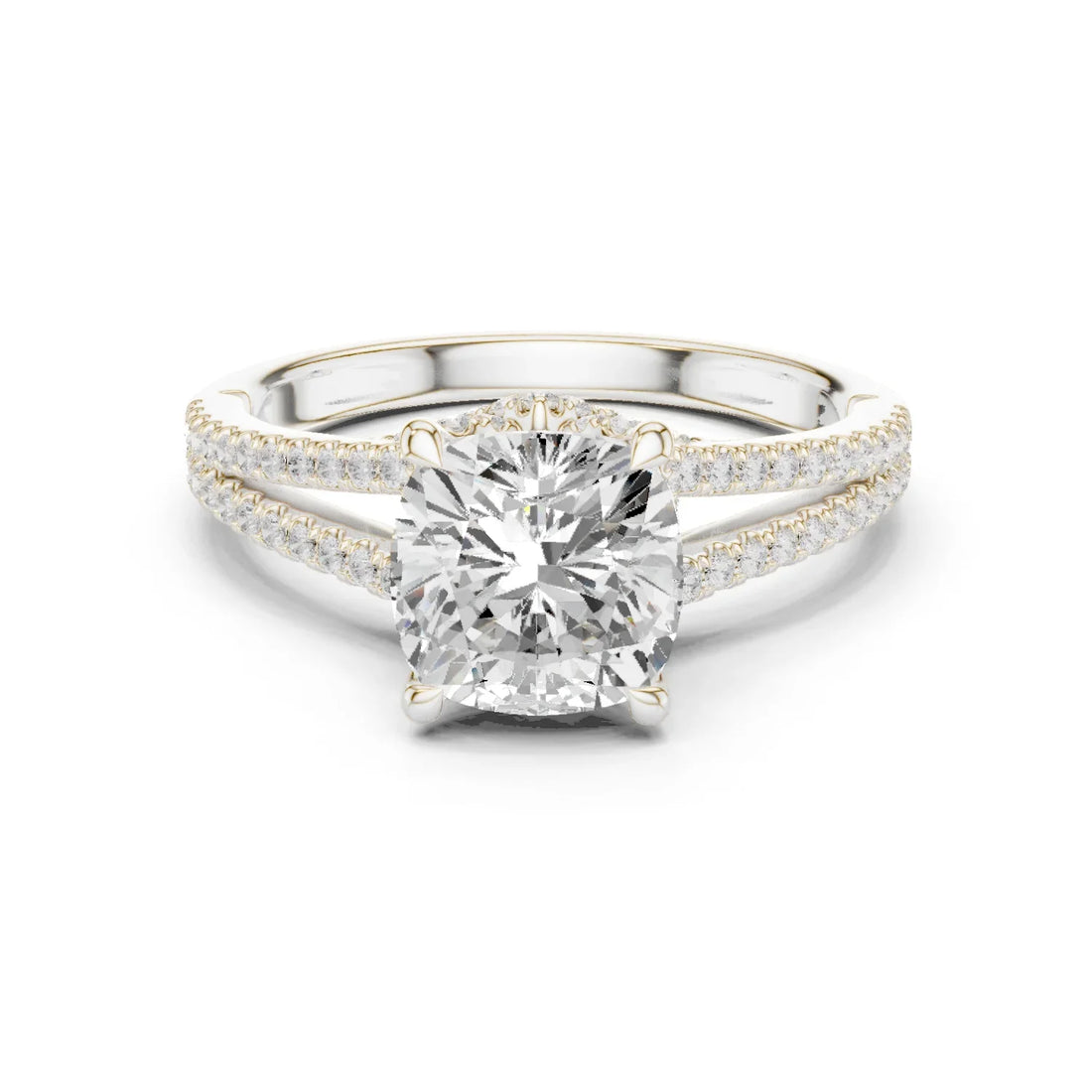 Cushion Cut Diamond Split Shank Engagement Ring with Pave Accents