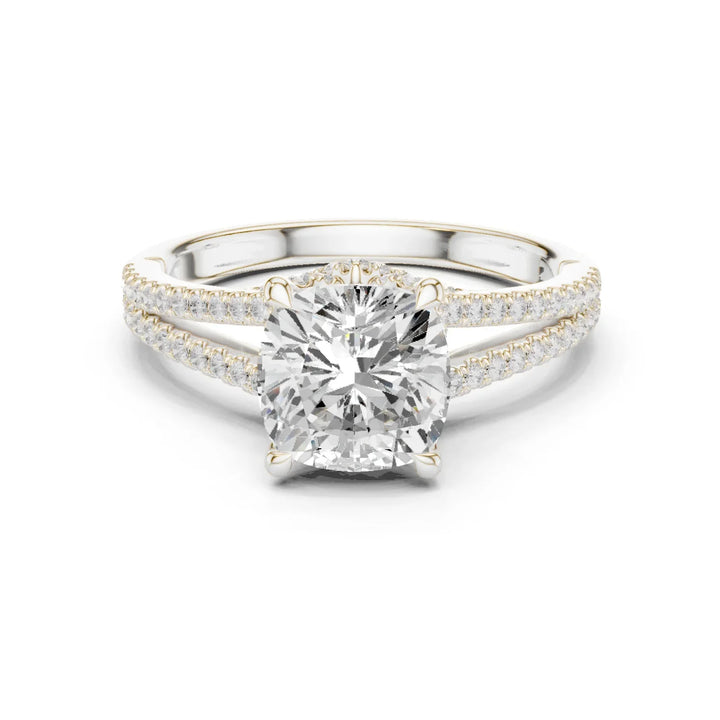 Cushion Cut Diamond Split Shank Engagement Ring with Pave Accents