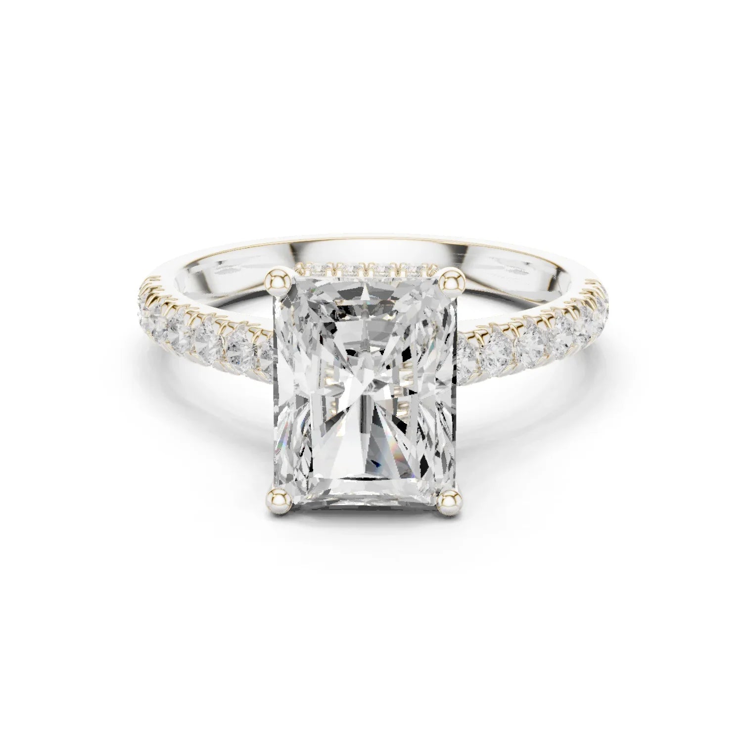 Radiant Cut Diamond Hidden Halo Engagement Ring with Pave Band