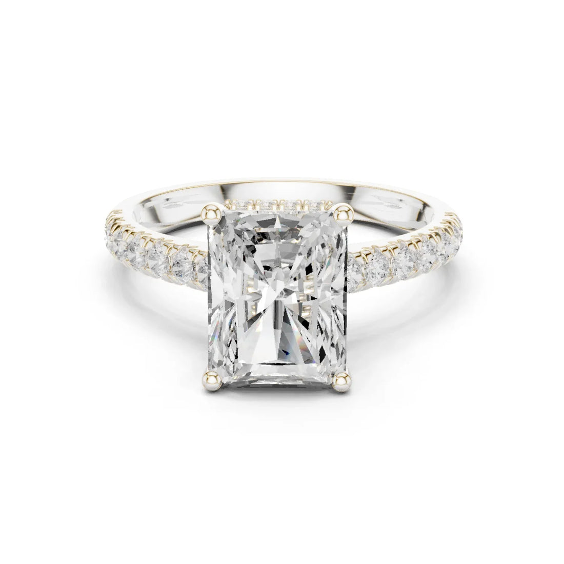 Radiant Cut Diamond Hidden Halo Engagement Ring with Pave Band