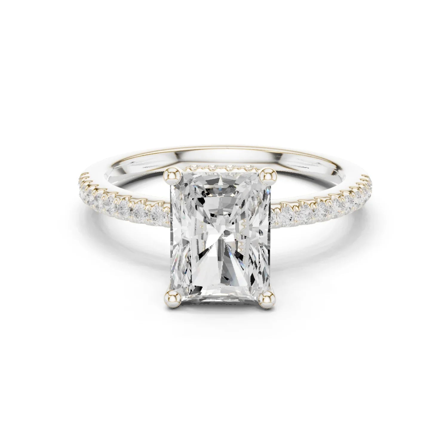 Hidden Halo Radiant Cut Diamond Engagement Ring With Pave Band