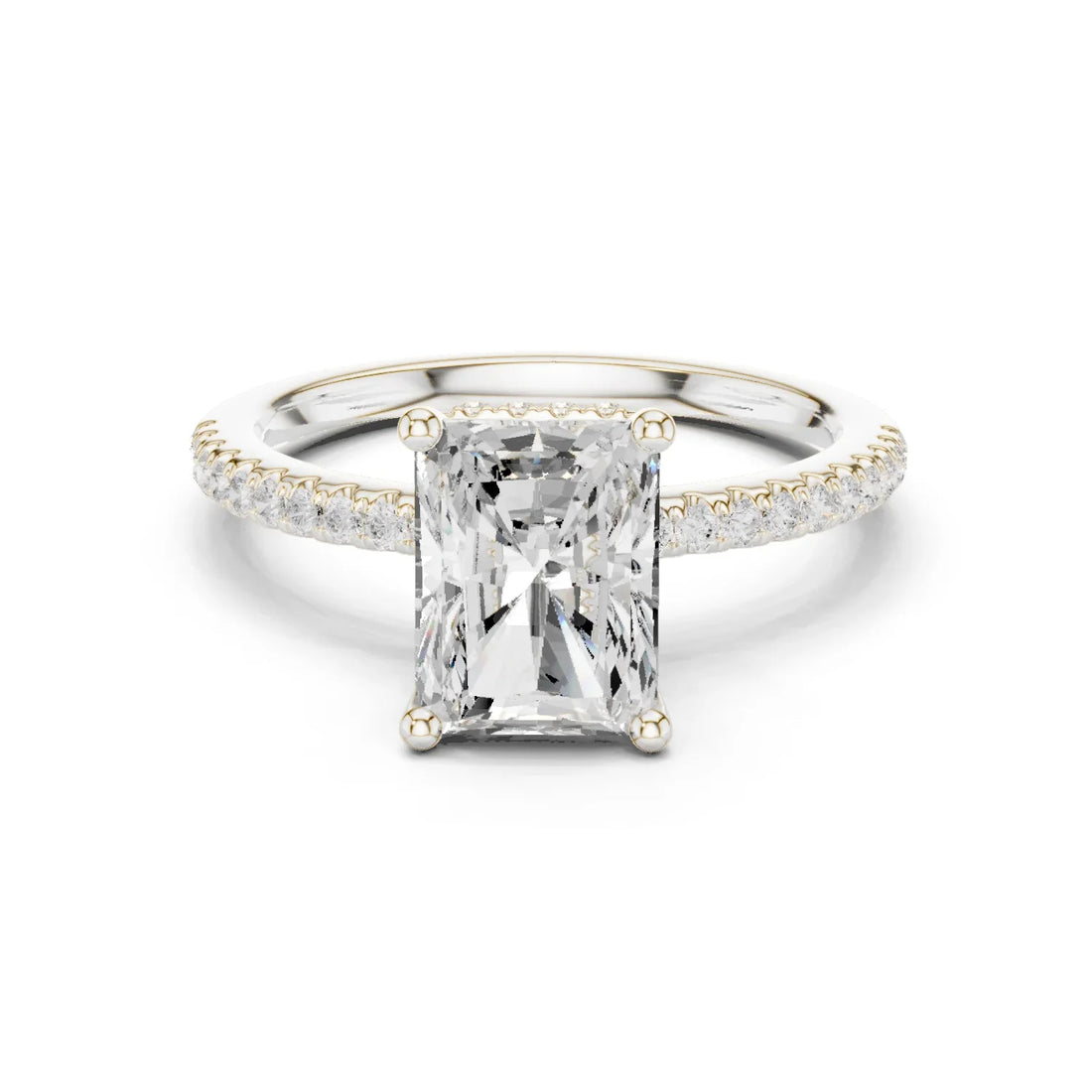 Hidden Halo Radiant Cut Diamond Engagement Ring With Pave Band