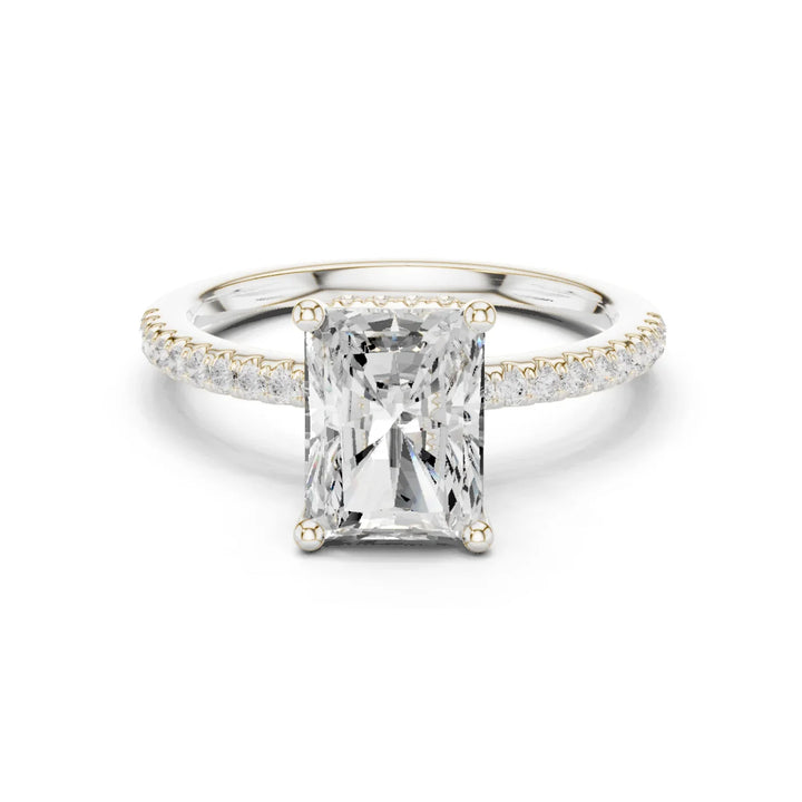 Hidden Halo Radiant Cut Diamond Engagement Ring With Pave Band