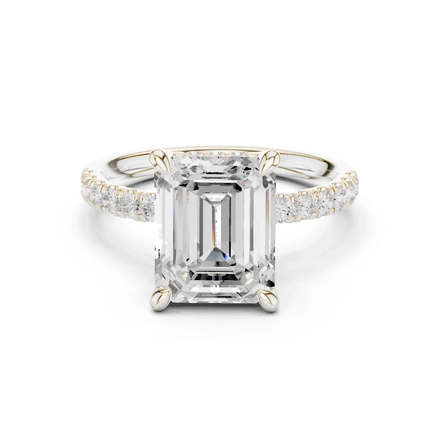 Emerald Diamond Hidden Halo Engagement Ring with Pave Band