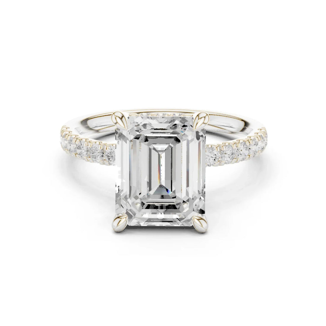 Emerald Diamond Hidden Halo Engagement Ring with Pave Band
