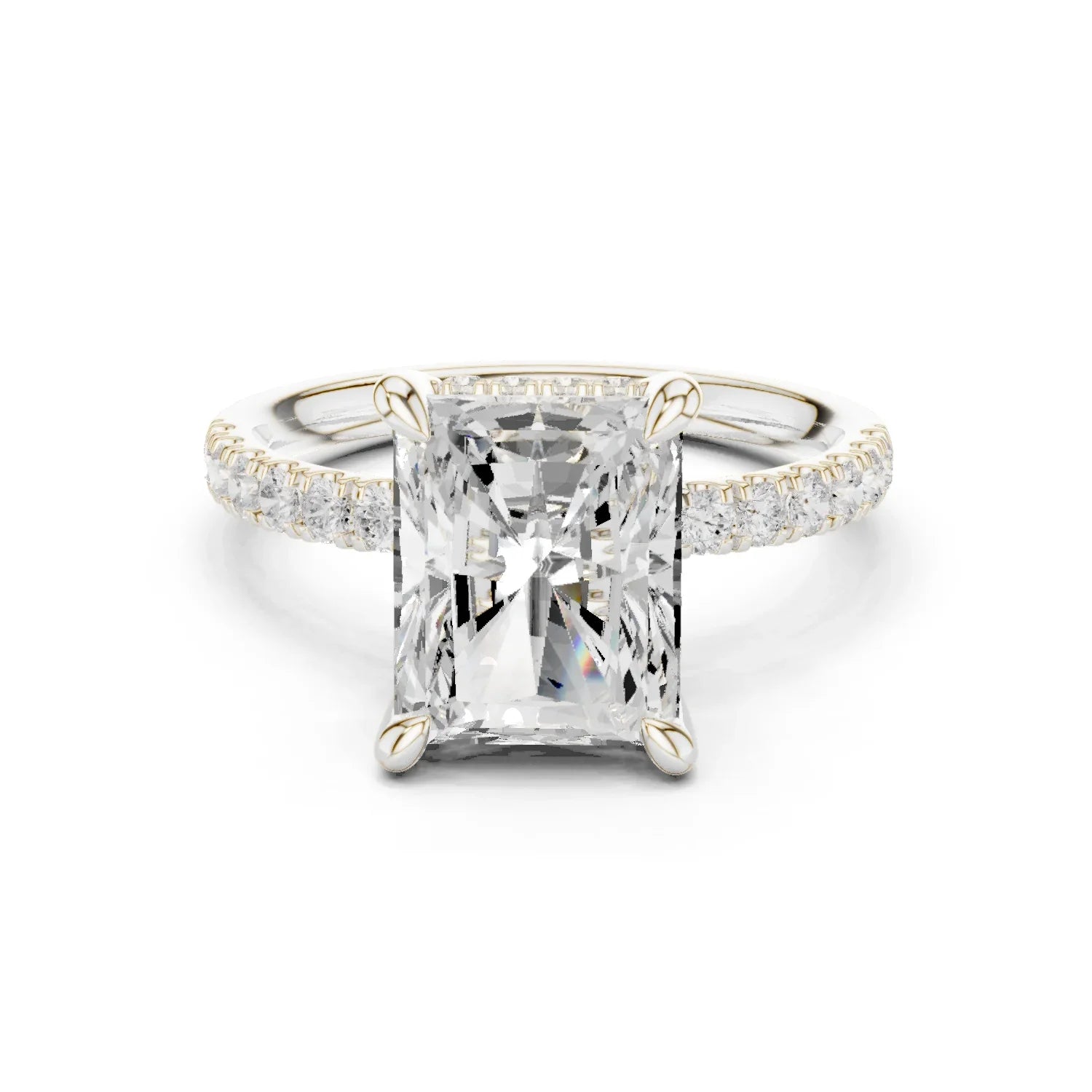 Radiant Diamond Hidden Halo Engagement Ring with Pave Band