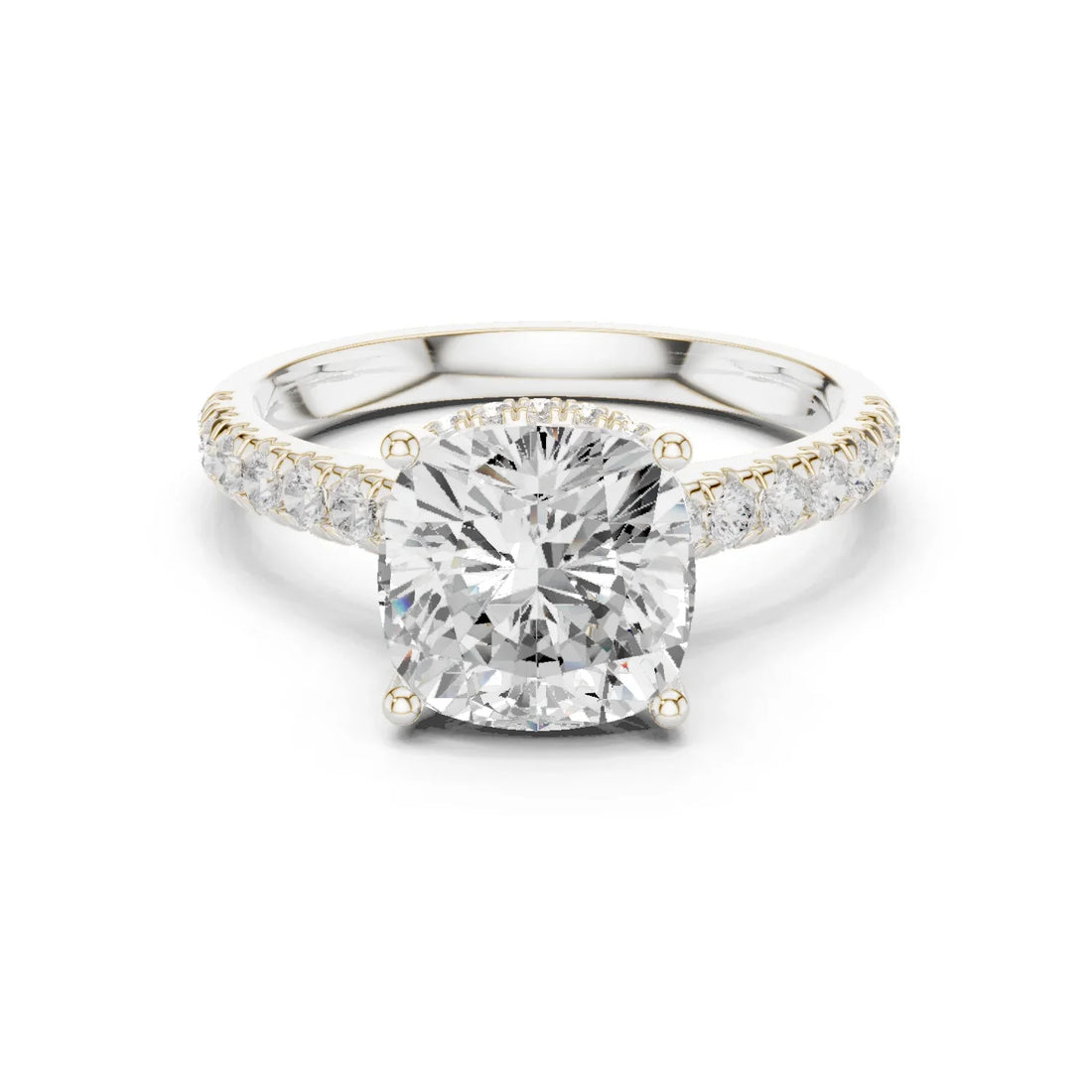 Cushion Cut Diamond Hidden Halo Engagement Ring with Pave Band
