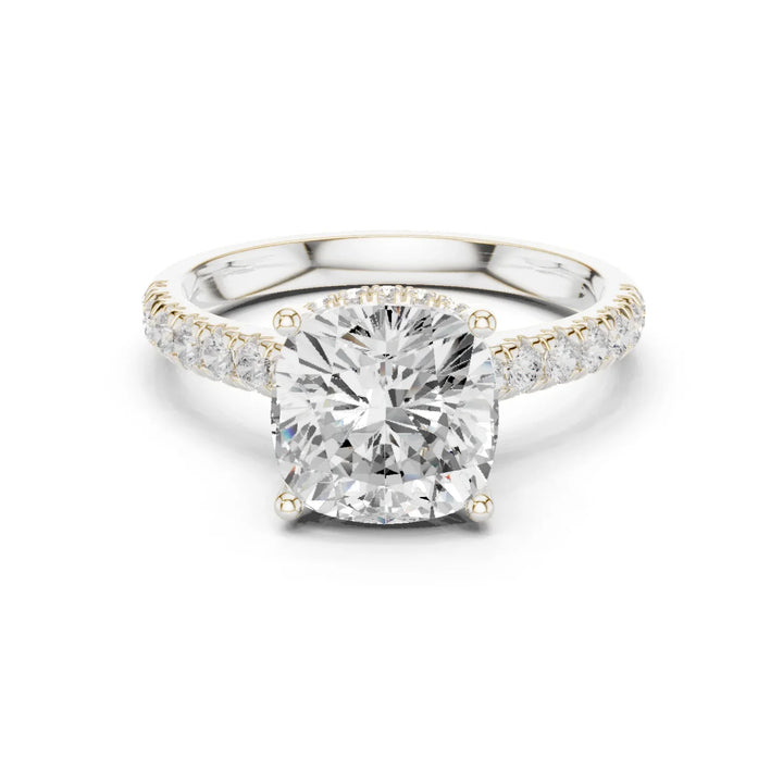 Cushion Cut Diamond Hidden Halo Engagement Ring with Pave Band
