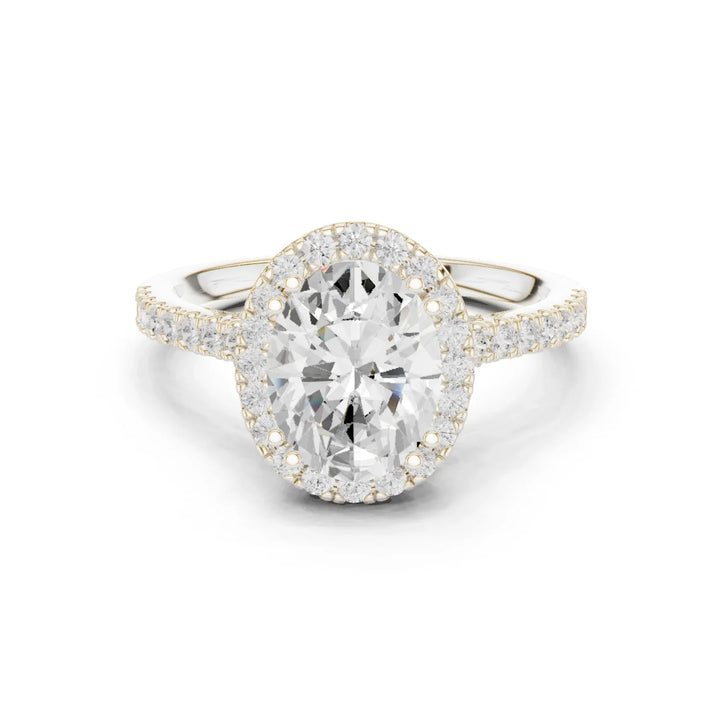 Oval Cut Diamond Halo Engagement Ring with Pave Band