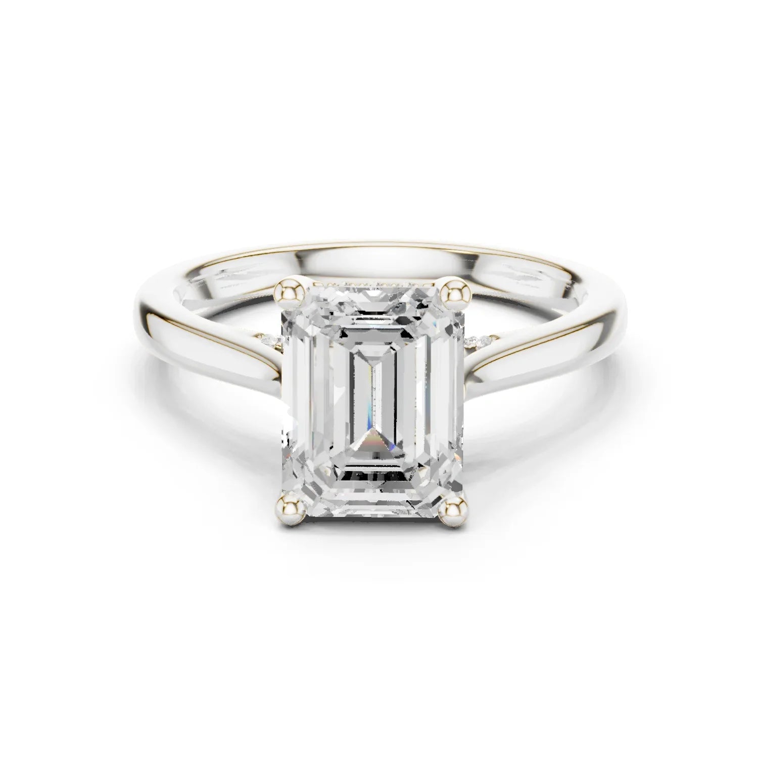 Emerald Cut Diamond Hidden Halo Engagement Ring With Cathedral Pave