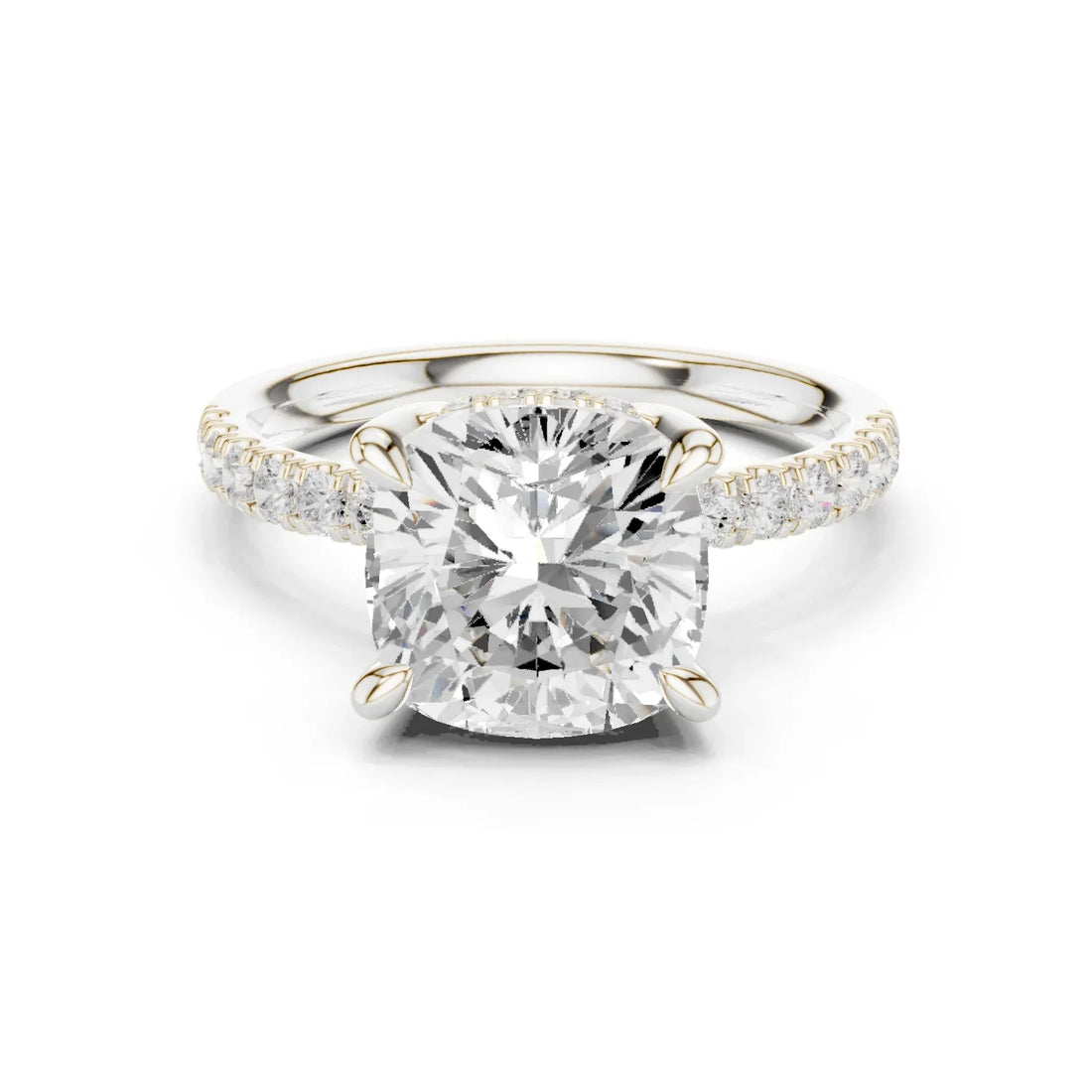 Cushion Diamond Hidden Halo Engagement Ring with Pave Band