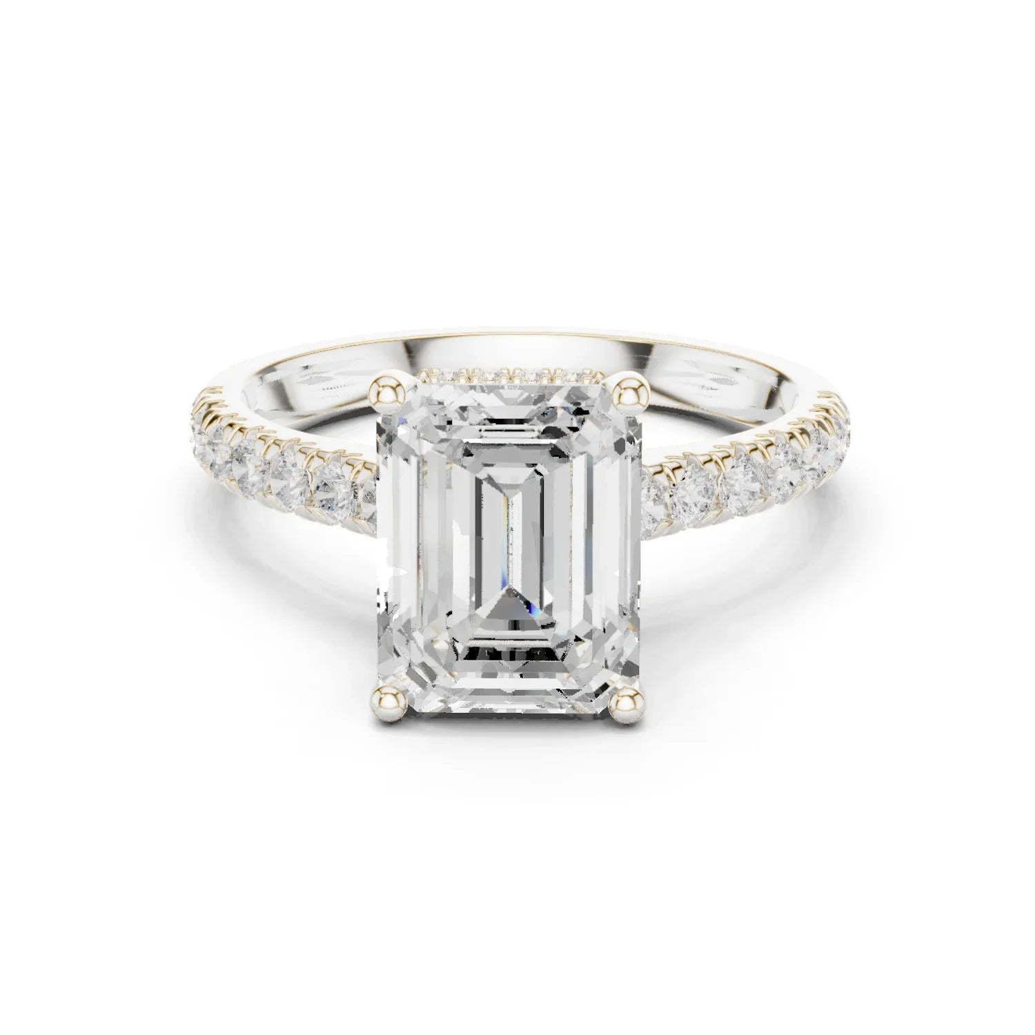 Emerald Cut Diamond Hidden Halo Engagement Ring with Pave Band