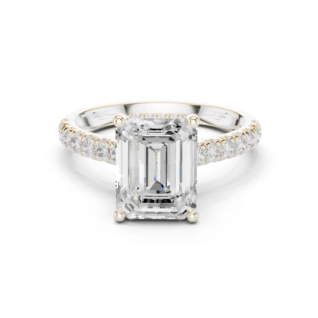 Emerald Cut Diamond Hidden Halo Engagement Ring with Pave Band