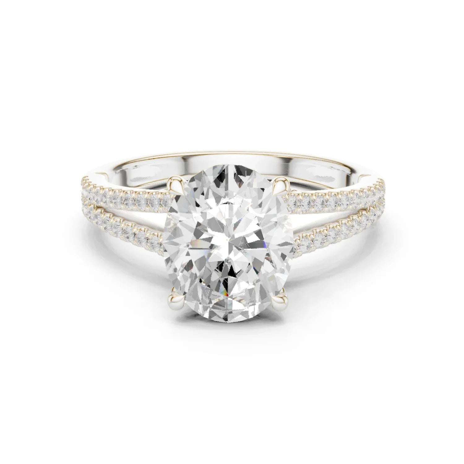 Oval Cut Diamond Split Shank Engagement Ring with Pave Accents