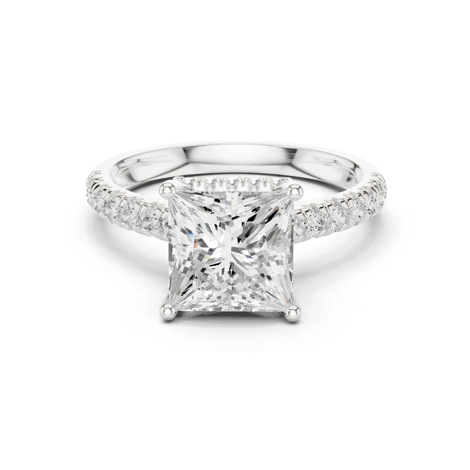Princess Cut Diamond Hidden Halo Engagement Ring with Pave Band