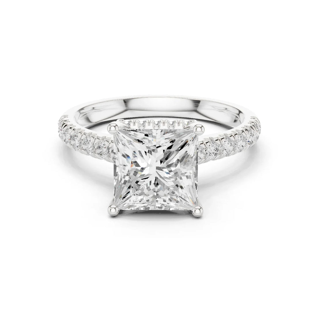 Princess Cut Diamond Hidden Halo Engagement Ring with Pave Band