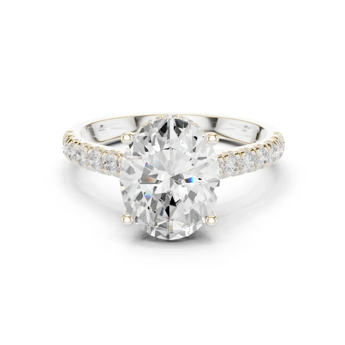 Oval Cut Diamond Hidden Halo Engagement Ring with Pave Band