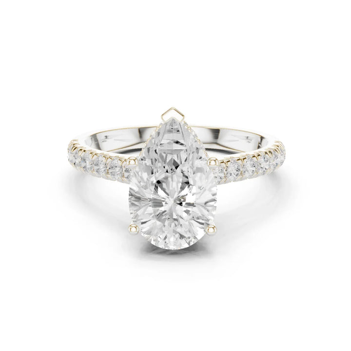 Pear Cut Diamond Hidden Halo Engagement Ring with Pave Band
