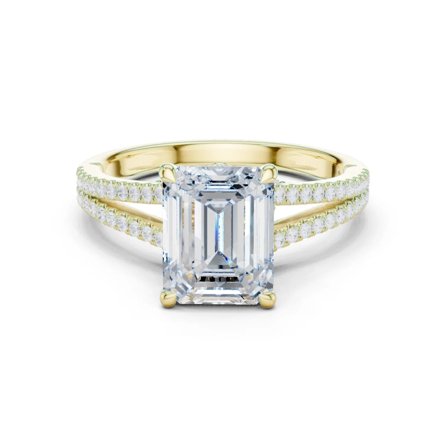 Emerald Cut Diamond Split Shank Engagement Ring with Pave Accents