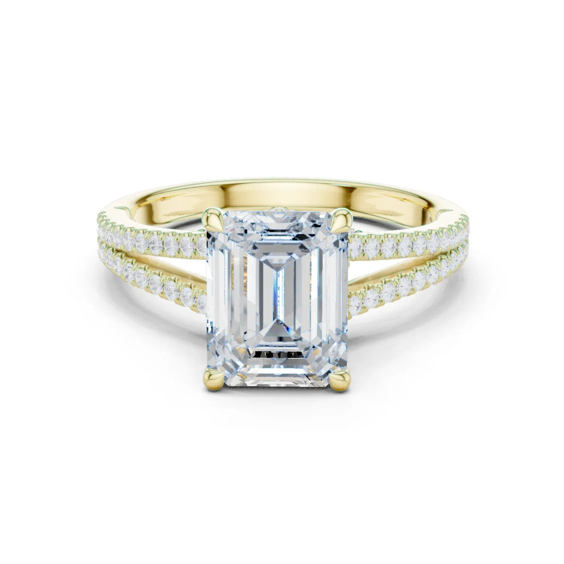 Emerald Cut Diamond Split Shank Engagement Ring with Pave Accents
