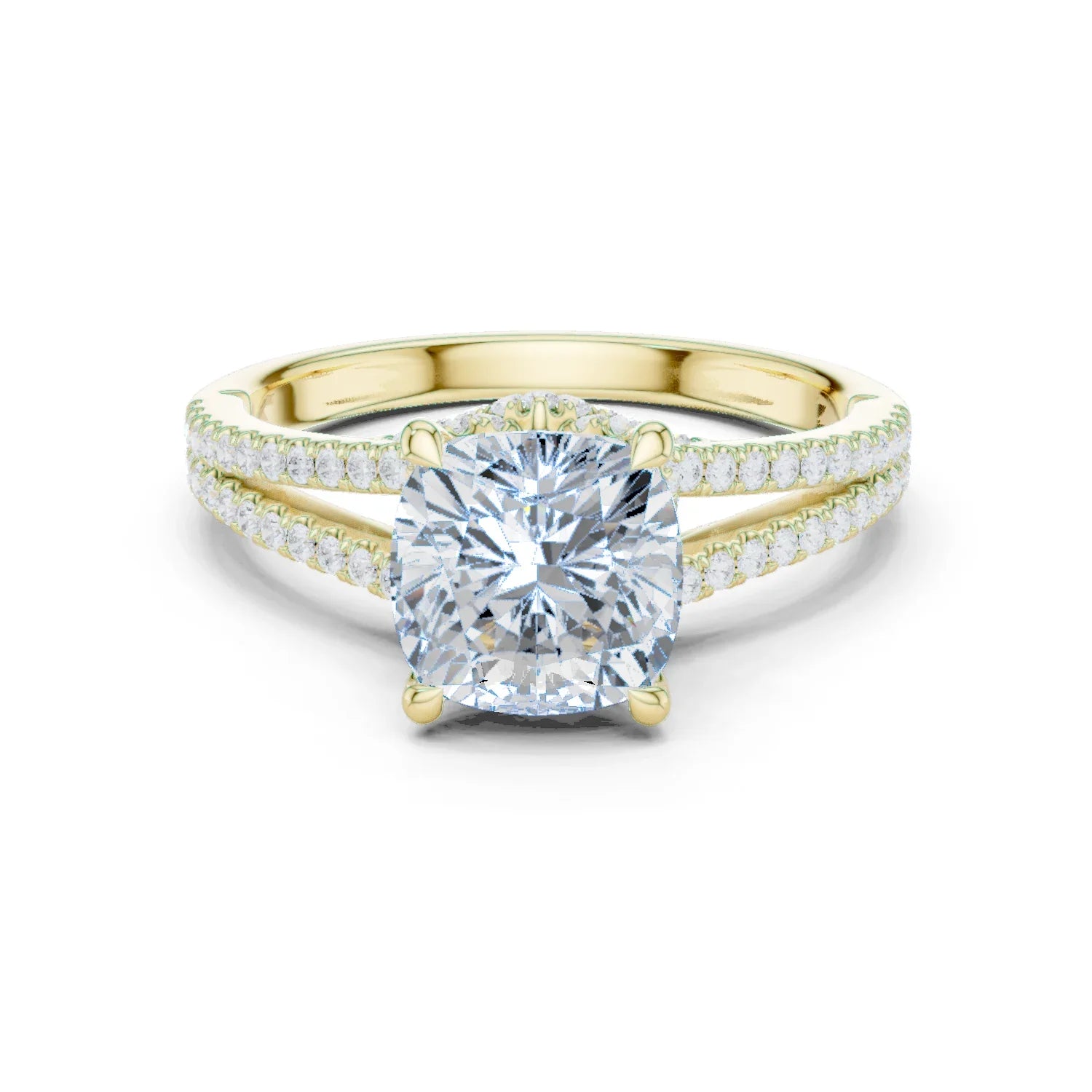 Cushion Cut Diamond Split Shank Engagement Ring with Pave Accents