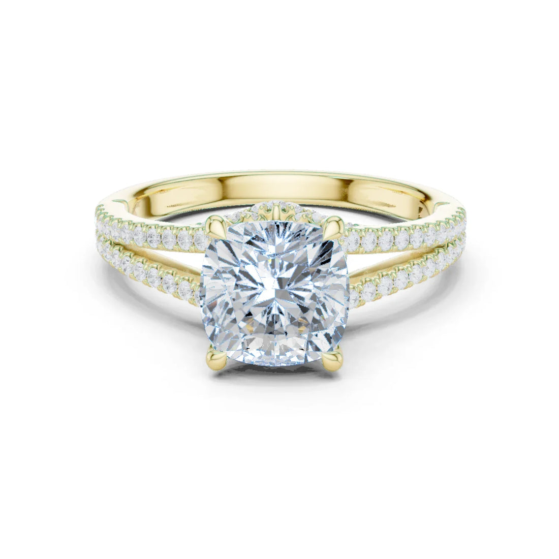 Cushion Cut Diamond Split Shank Engagement Ring with Pave Accents