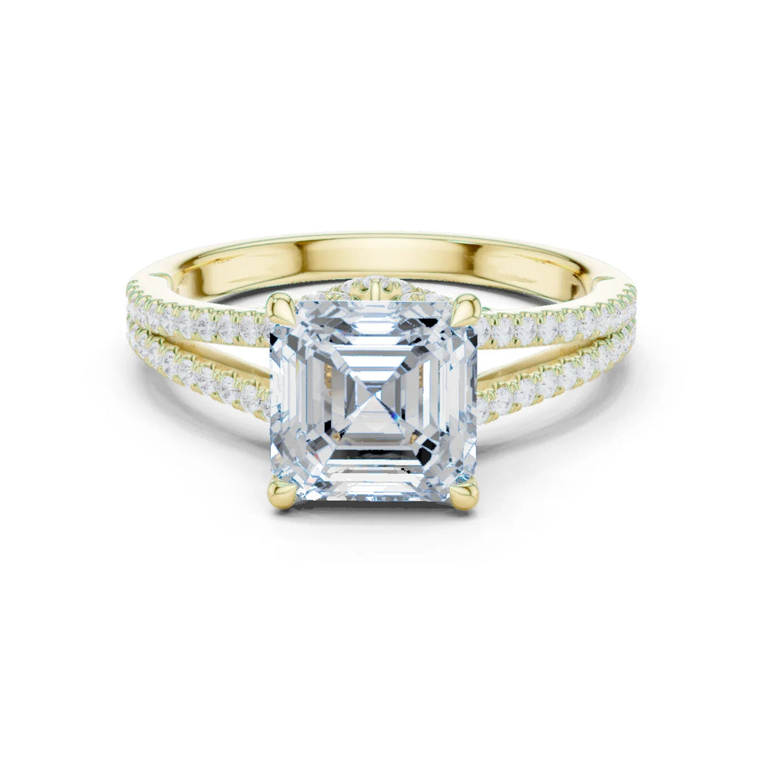 Asscher Cut Diamond Split Shank Engagement Ring with Pave Accents