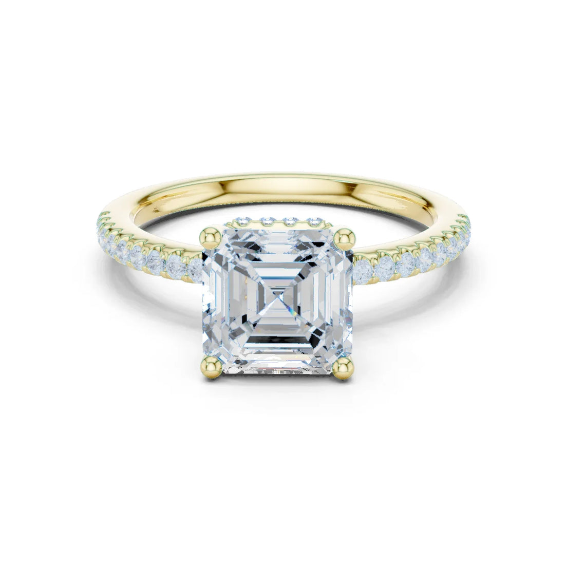 Hidden Halo Asscher Cut Diamond Engagement Ring With Pave Band