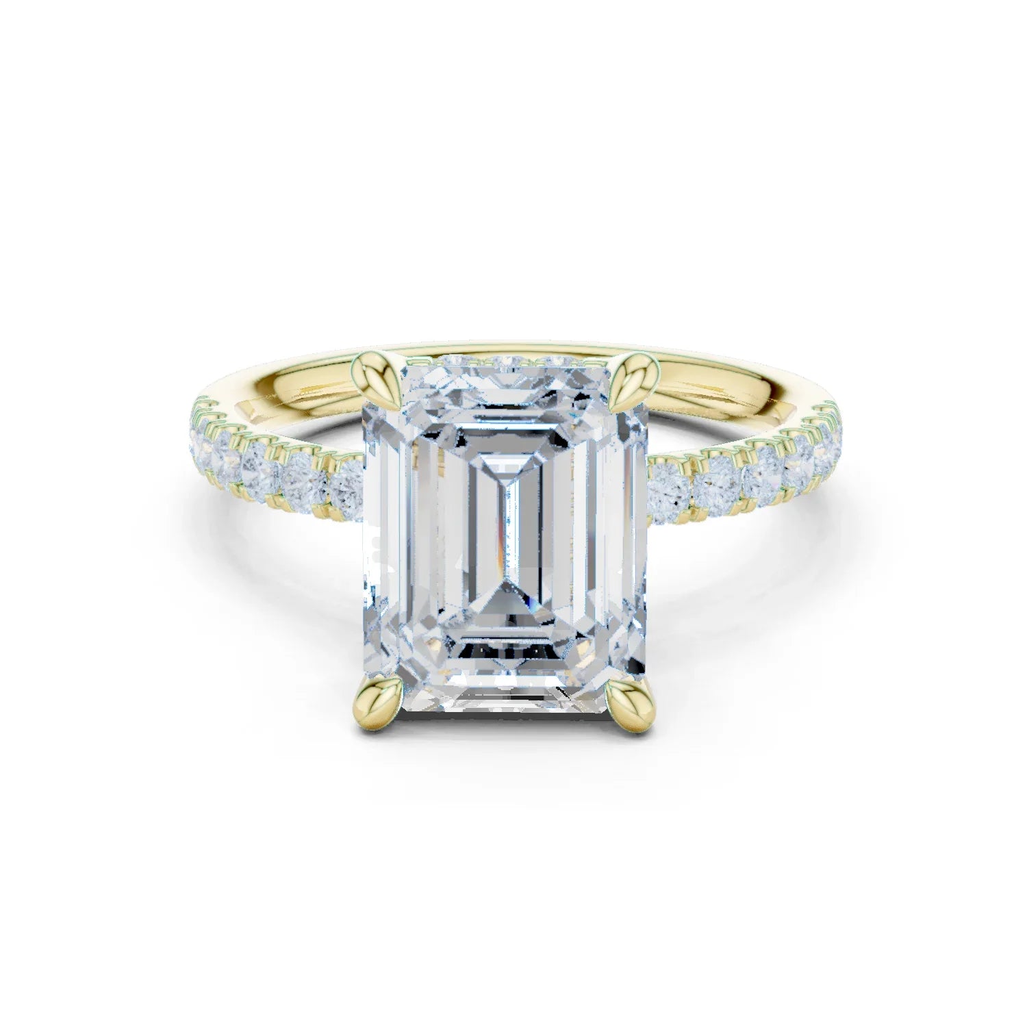 Emerald Diamond Hidden Halo Engagement Ring with Pave Band