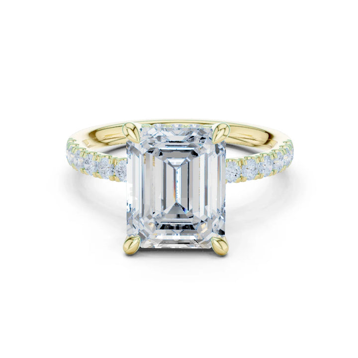 Emerald Diamond Hidden Halo Engagement Ring with Pave Band