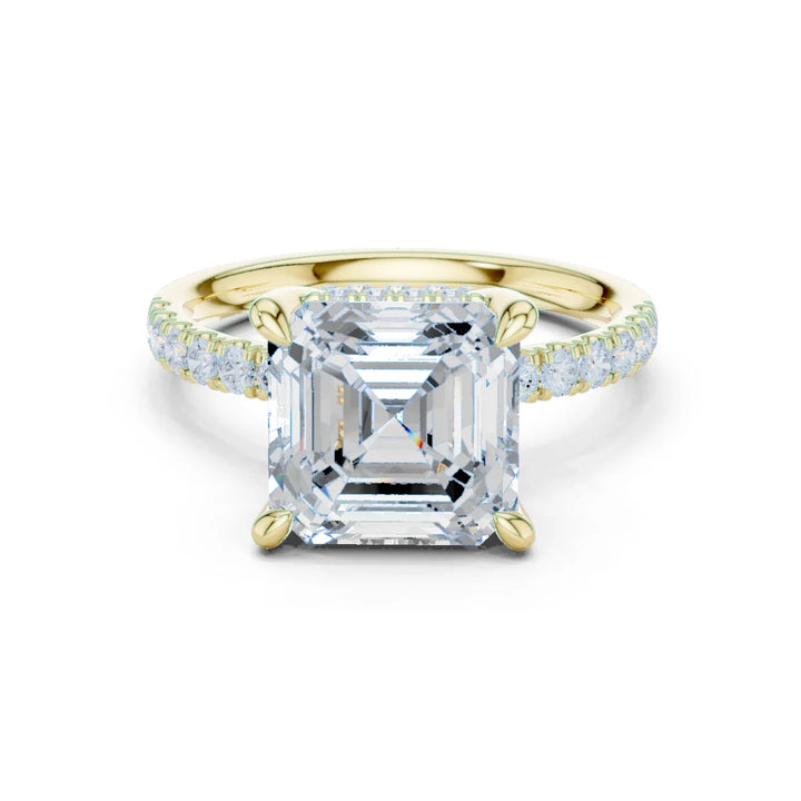 Asscher Diamond Hidden Halo Engagement Ring with Pave Band