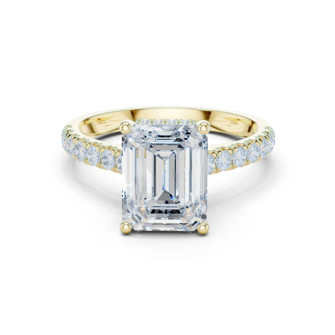 Emerald Cut Diamond Hidden Halo Engagement Ring with Pave Band