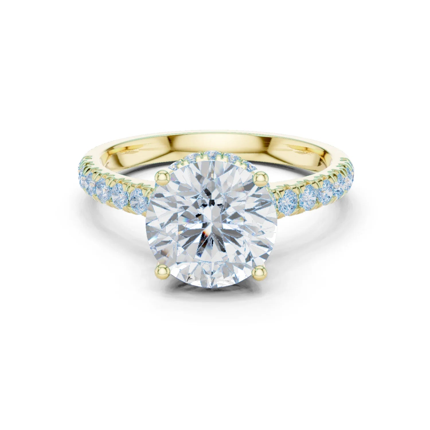Round Cut Diamond Hidden Halo Engagement Ring with Pave Band