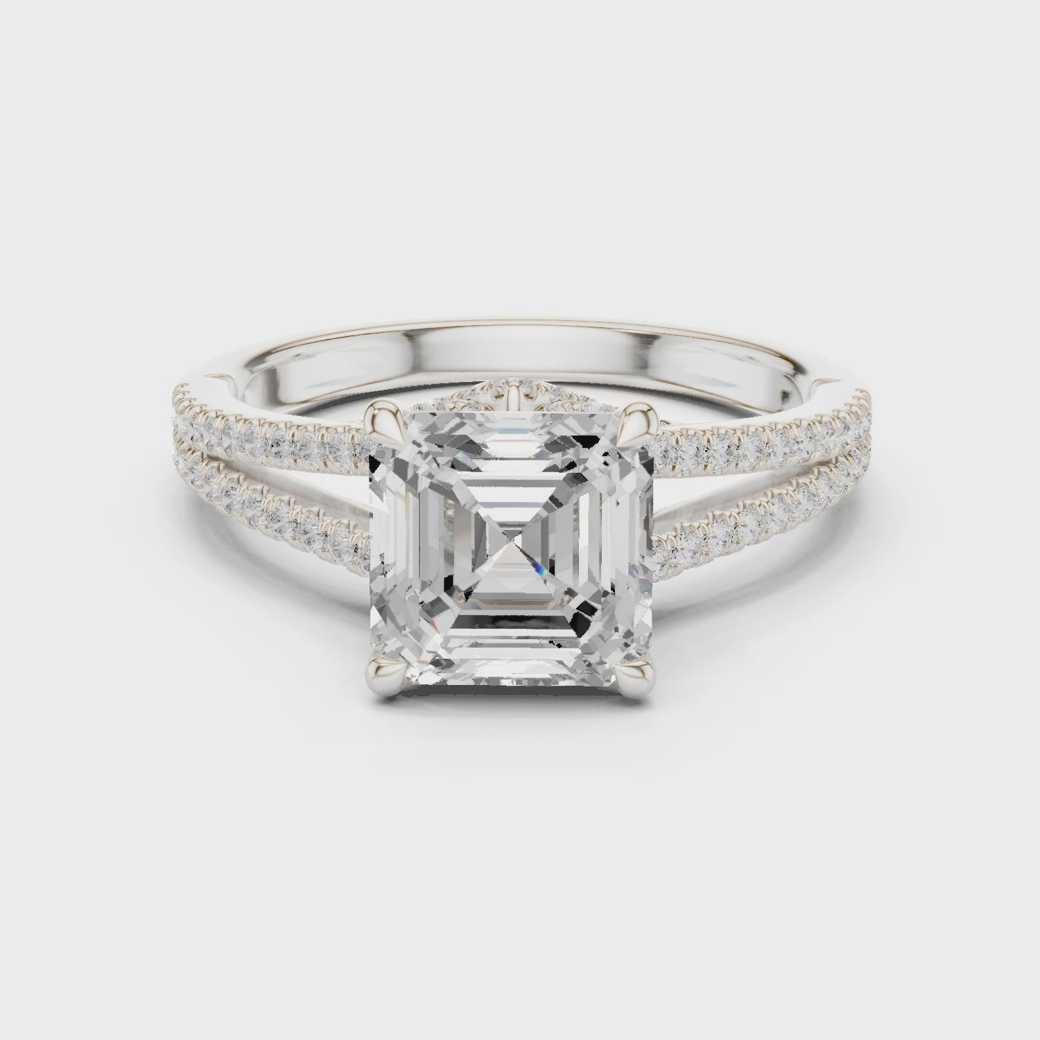Asscher Cut Diamond Split Shank Engagement Ring with Pave Accents