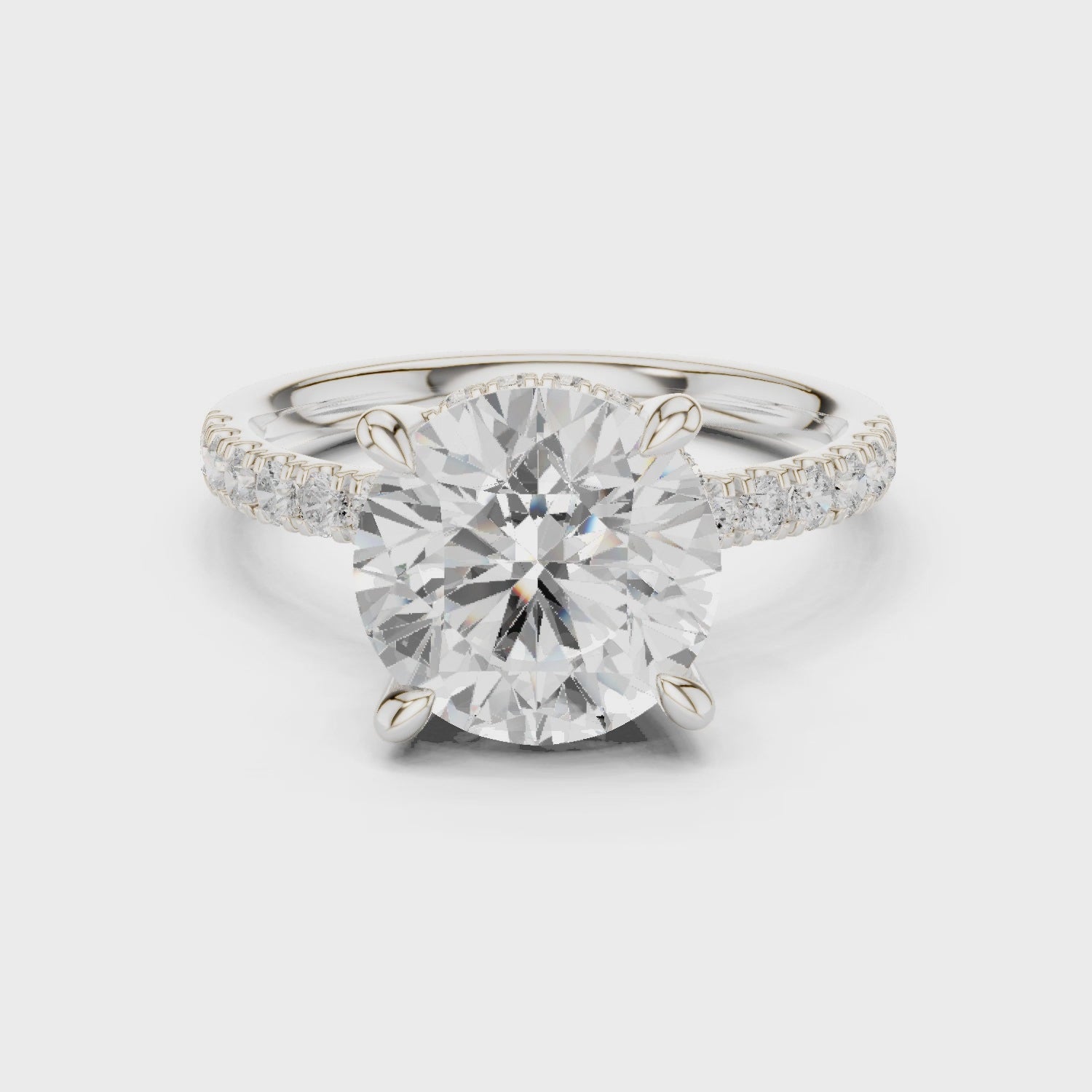 Round Diamond Hidden Halo Engagement Ring with Pave Band
