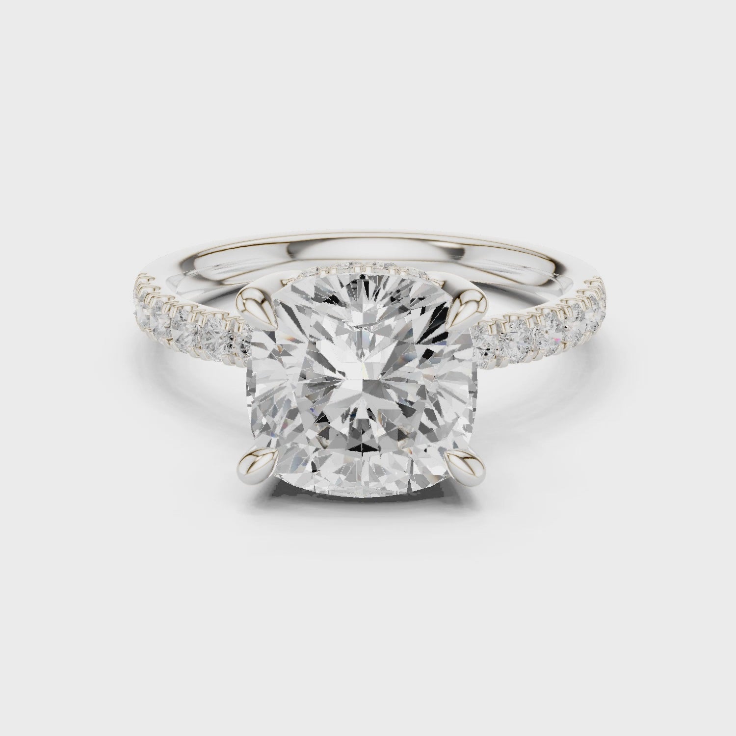 Cushion Diamond Hidden Halo Engagement Ring with Pave Band