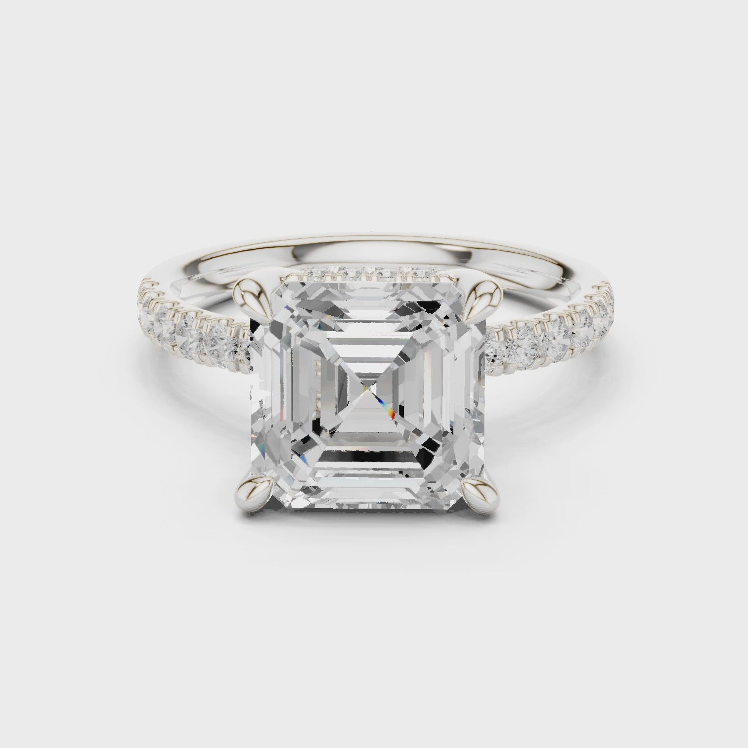 Asscher Diamond Hidden Halo Engagement Ring with Pave Band
