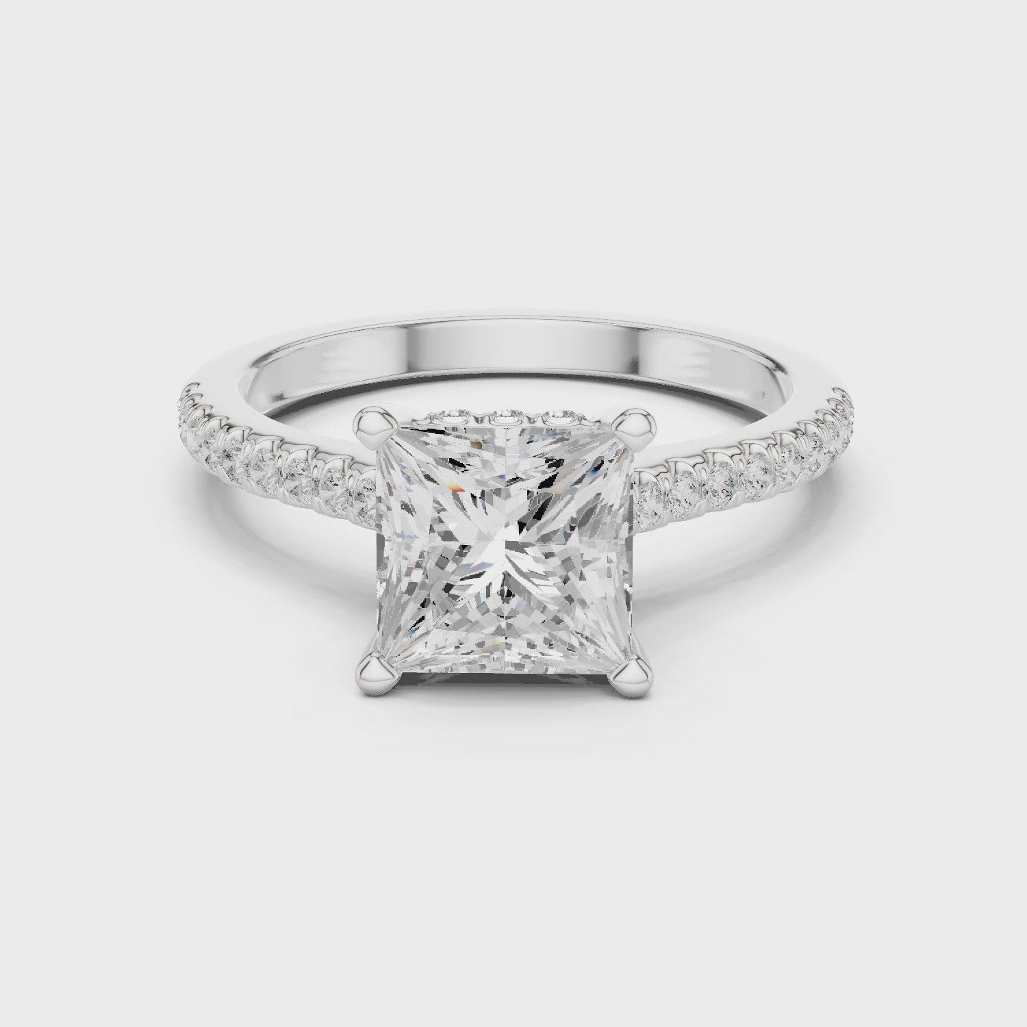 Princess-Cut Diamond Hidden Halo Engagement Ring with Pave Band