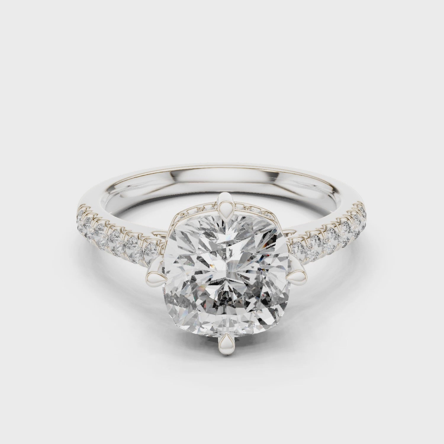 Cushion Cut Solitaire Diamond Ring with Pave Band