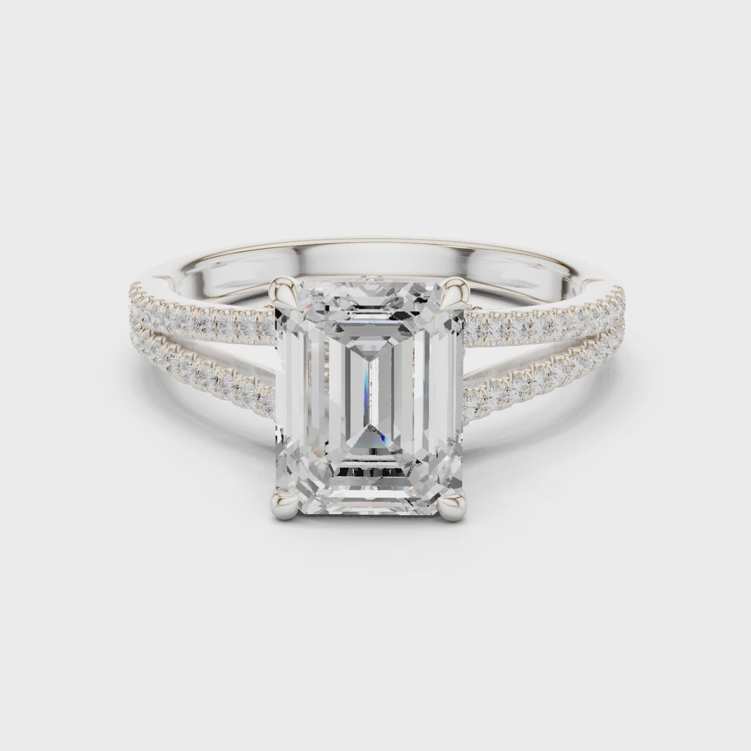 Emerald Cut Diamond Split Shank Engagement Ring with Pave Accents
