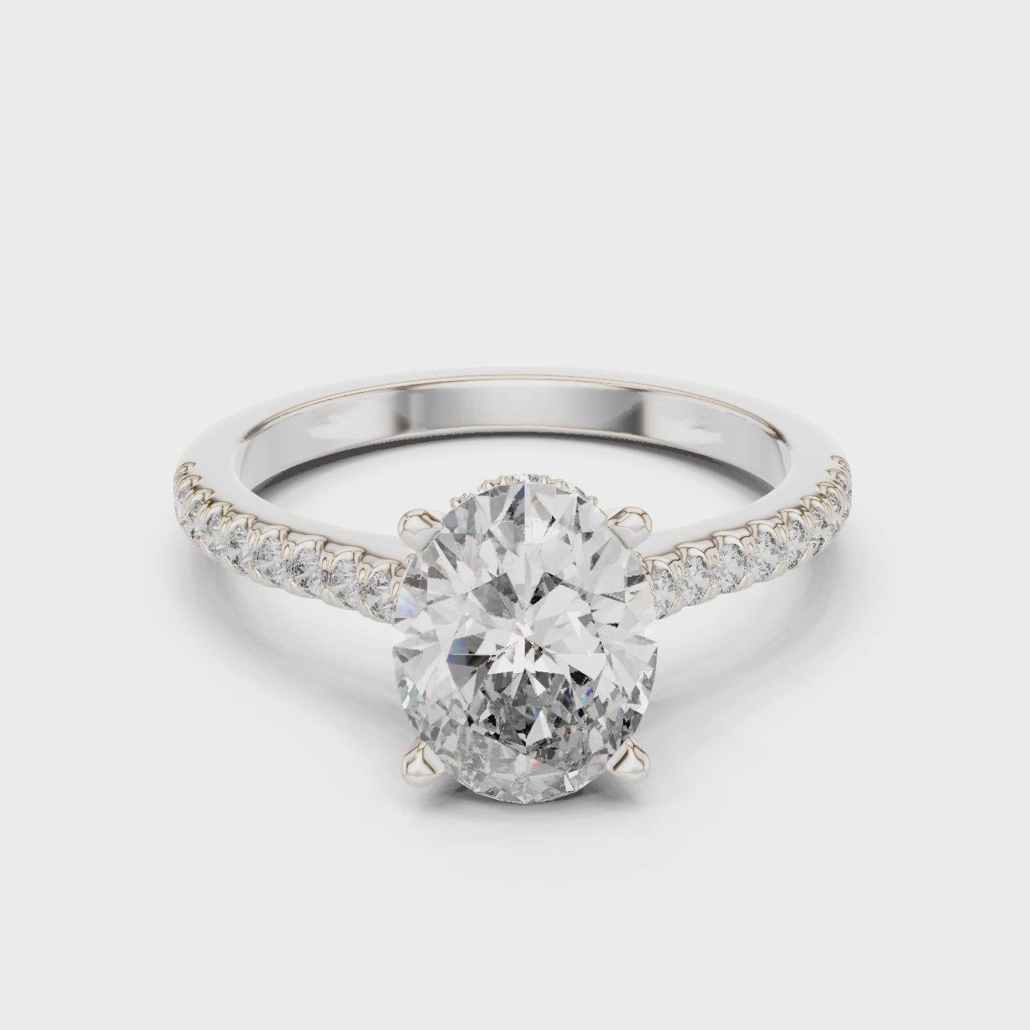 Oval Brilliant Hidden Halo Diamond Engagement Ring with Pave Shank