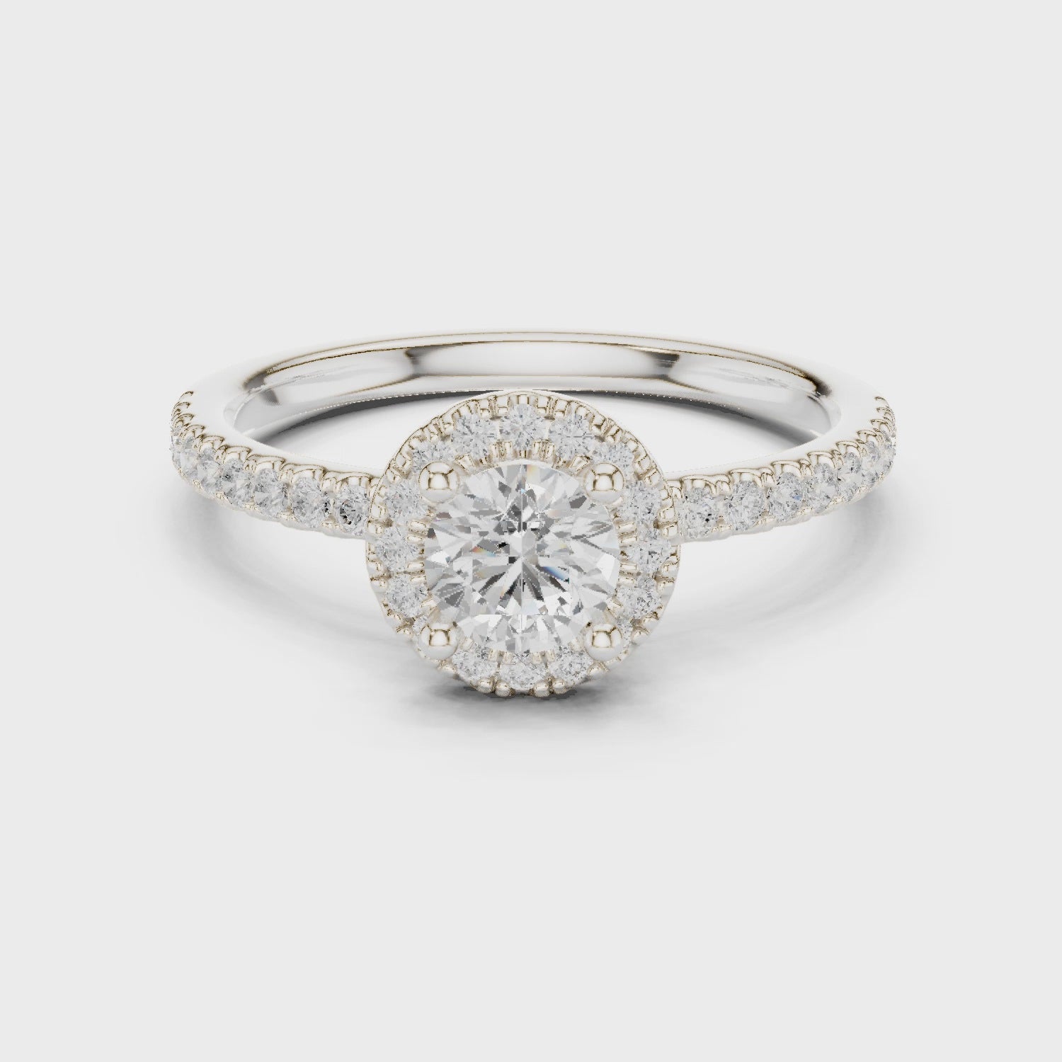 Round Cut Diamond Halo Engagement Ring with Diamond Band